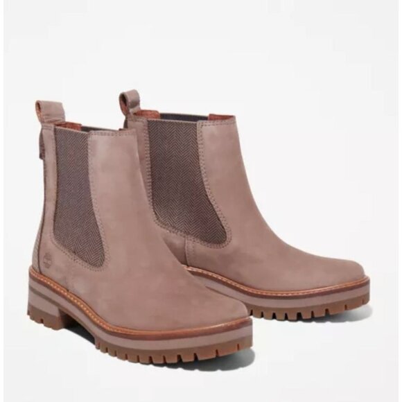 Timberland COURMAYEUR CHELSEA BOOTS 7 Taupe Tan Nubuck Leather EUC Women - Picture 1 of 11